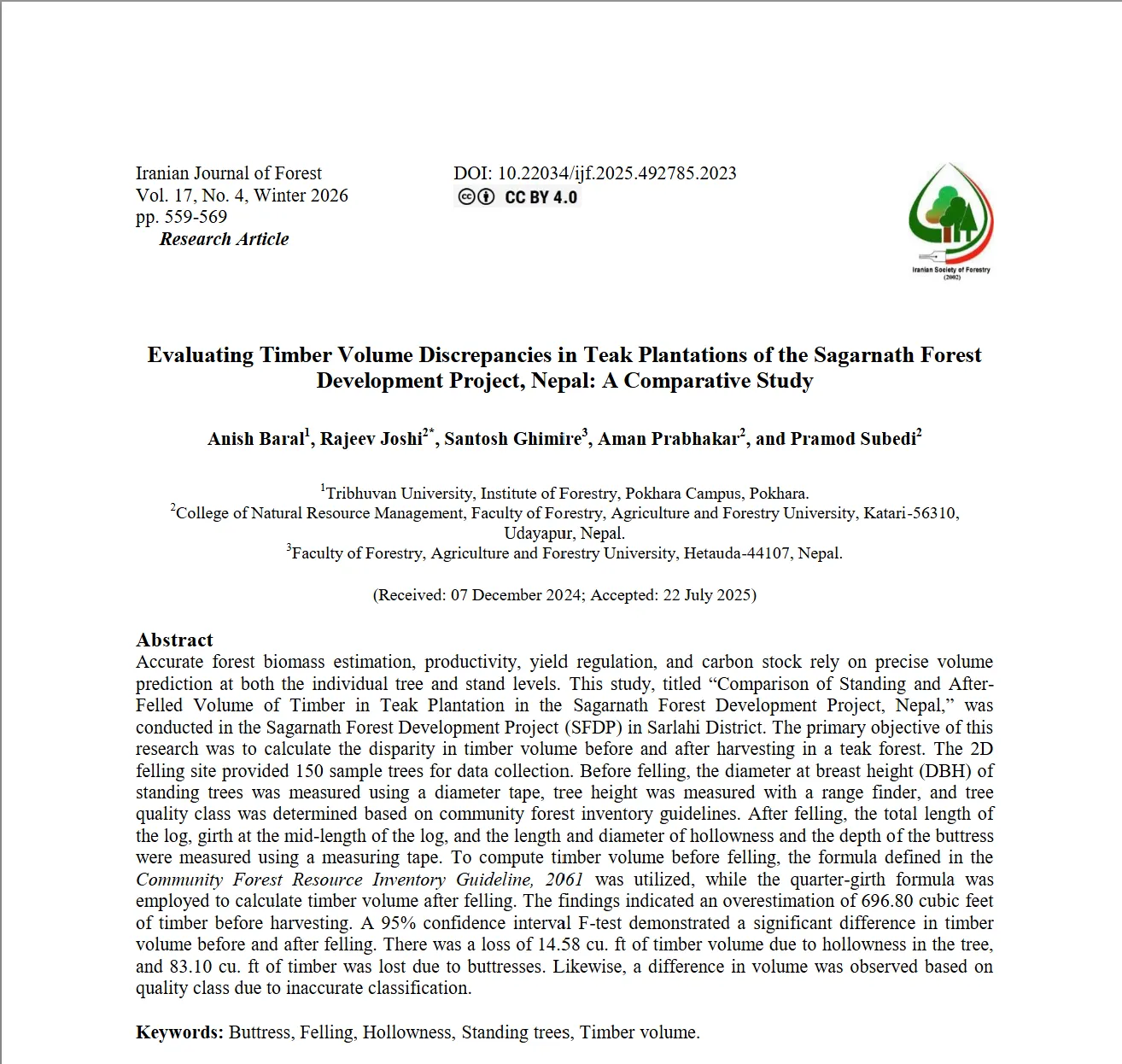 Evaluating Timber Volume Discrepancies in Teak Plantations of the Sagarnath Forest Development Project, Nepal: A Comparative Study